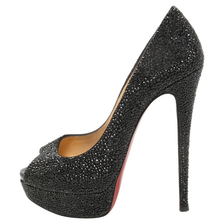 Christian Louboutin Black Crystal Embellished Lady Peep Toe Pumps
