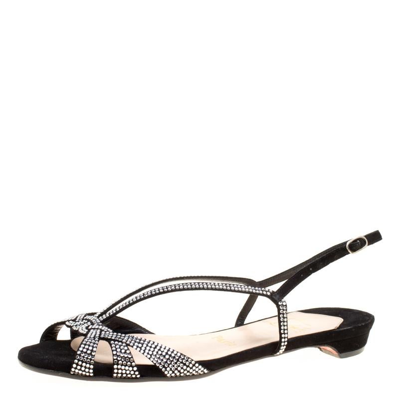 Women's Black Crystal Embellished Suede Slingback Flat Sandals Size 36.5