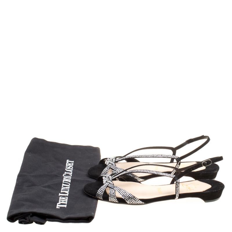 Black Crystal Embellished Suede Slingback Flat Sandals Size 36.5 4