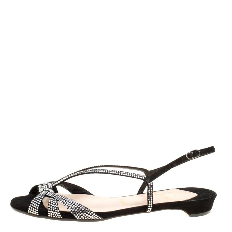 Christian Louboutin Black Crystal Embellished Suede Slingback Flat Sandals Size  For Sale 3