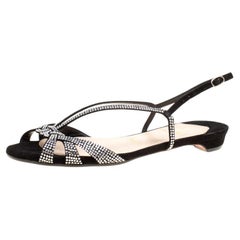 Christian Louboutin Black Crystal Embellished Suede Slingback Flat Sandals Size 