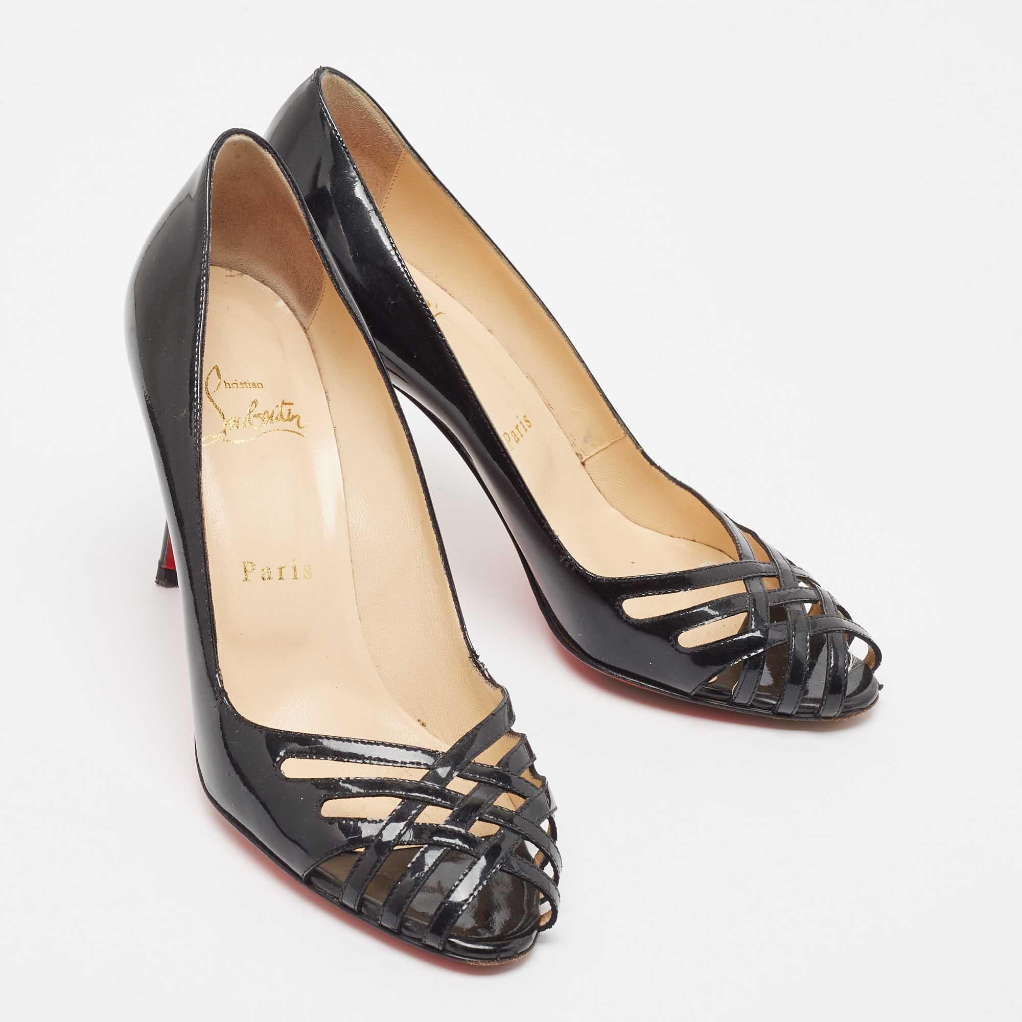 Women's Christian Louboutin Black Cut Out Patent Leather Peep Toe Pumps Size 37.5 For Sale