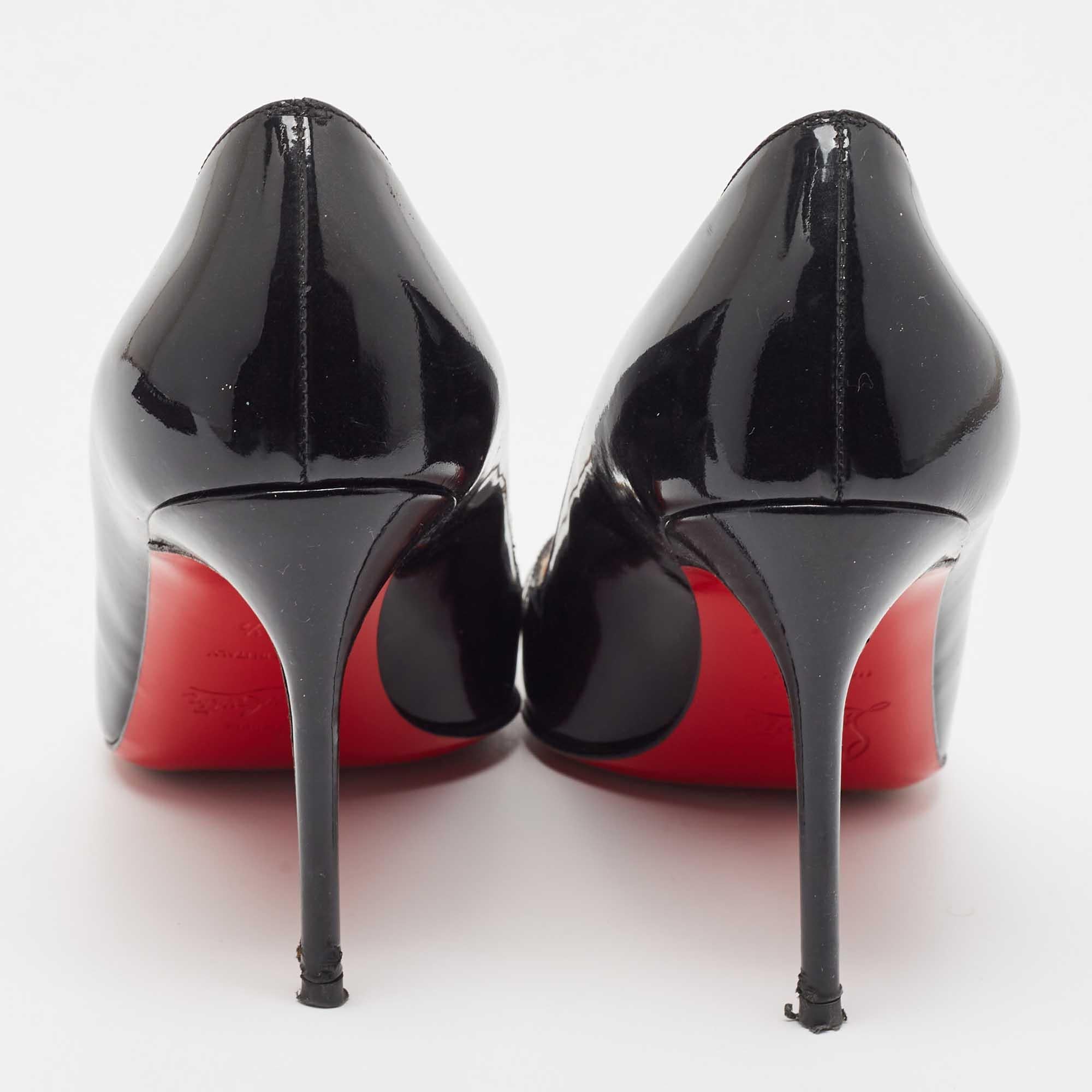 Christian Louboutin Black Cut Out Patent Leather Peep Toe Pumps Size 37.5 For Sale 1