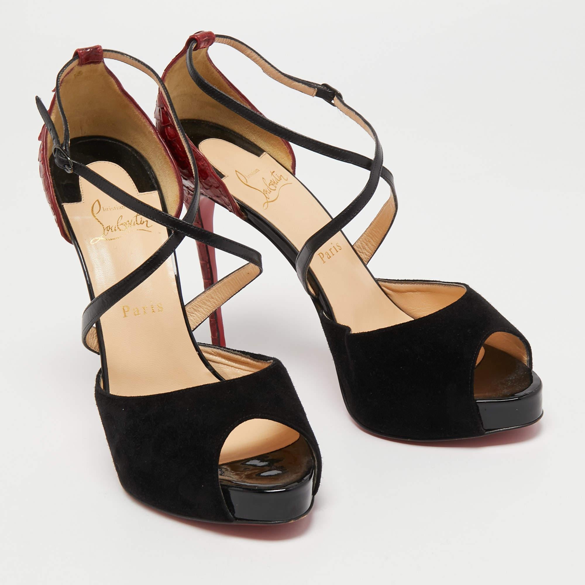 Women's Christian Louboutin Black/Dark Red Leather, Suede and Python Cross Me Sandals Si For Sale