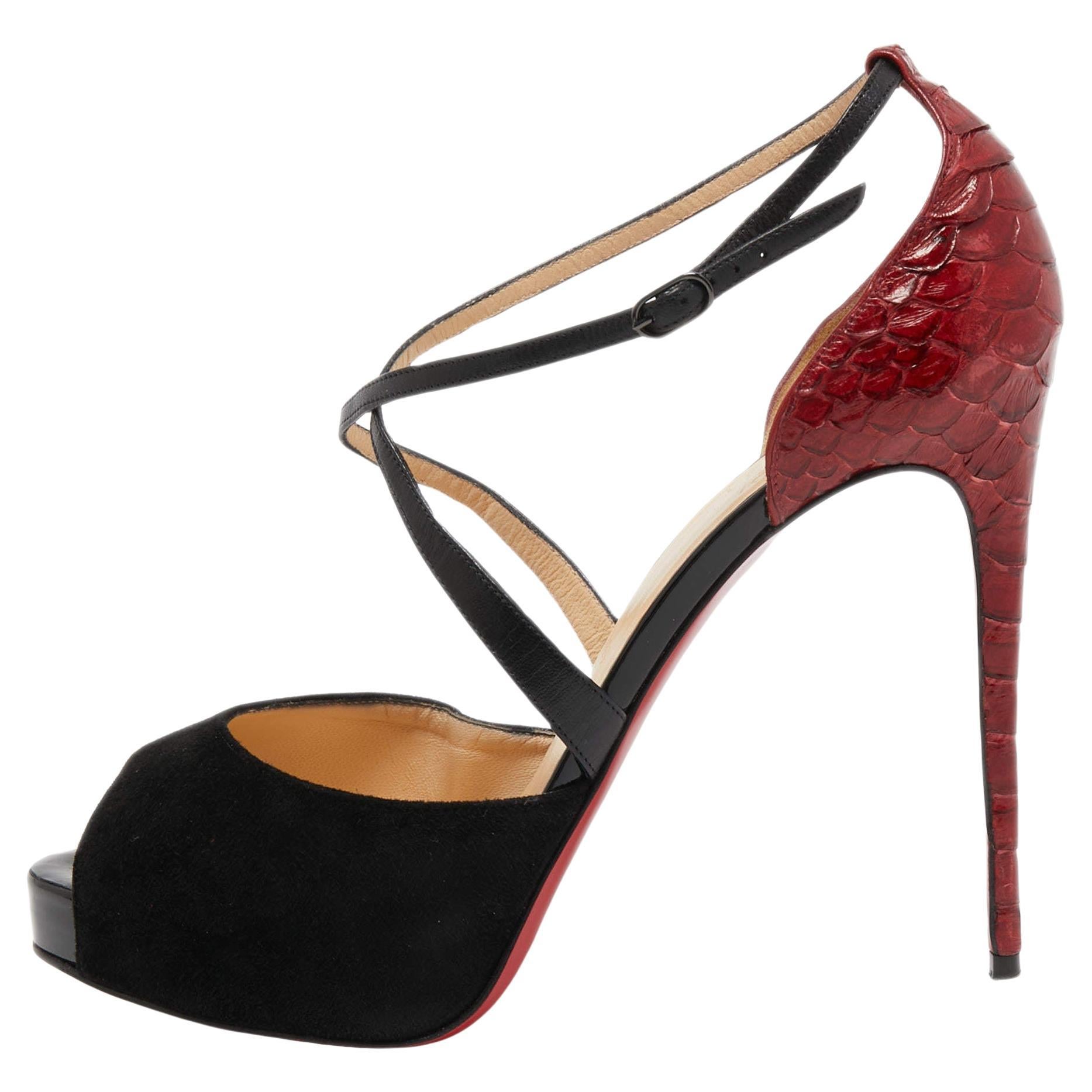 Christian Louboutin Black/Dark Red Leather, Suede and Python Cross Me Sandals Si For Sale