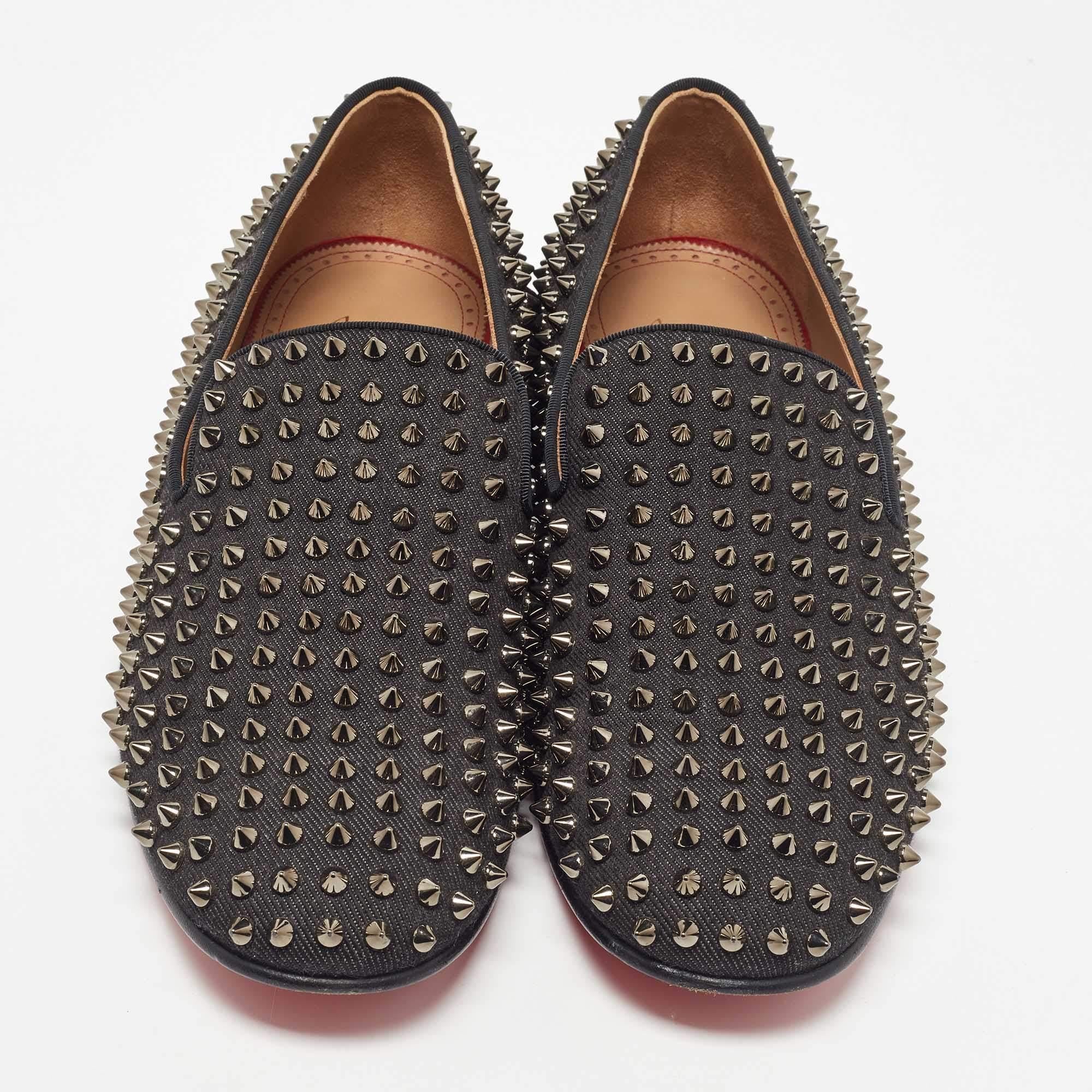 Christian Louboutin Black Denim Dandelion Spikes Loafers Size 43 In Good Condition In Dubai, Al Qouz 2
