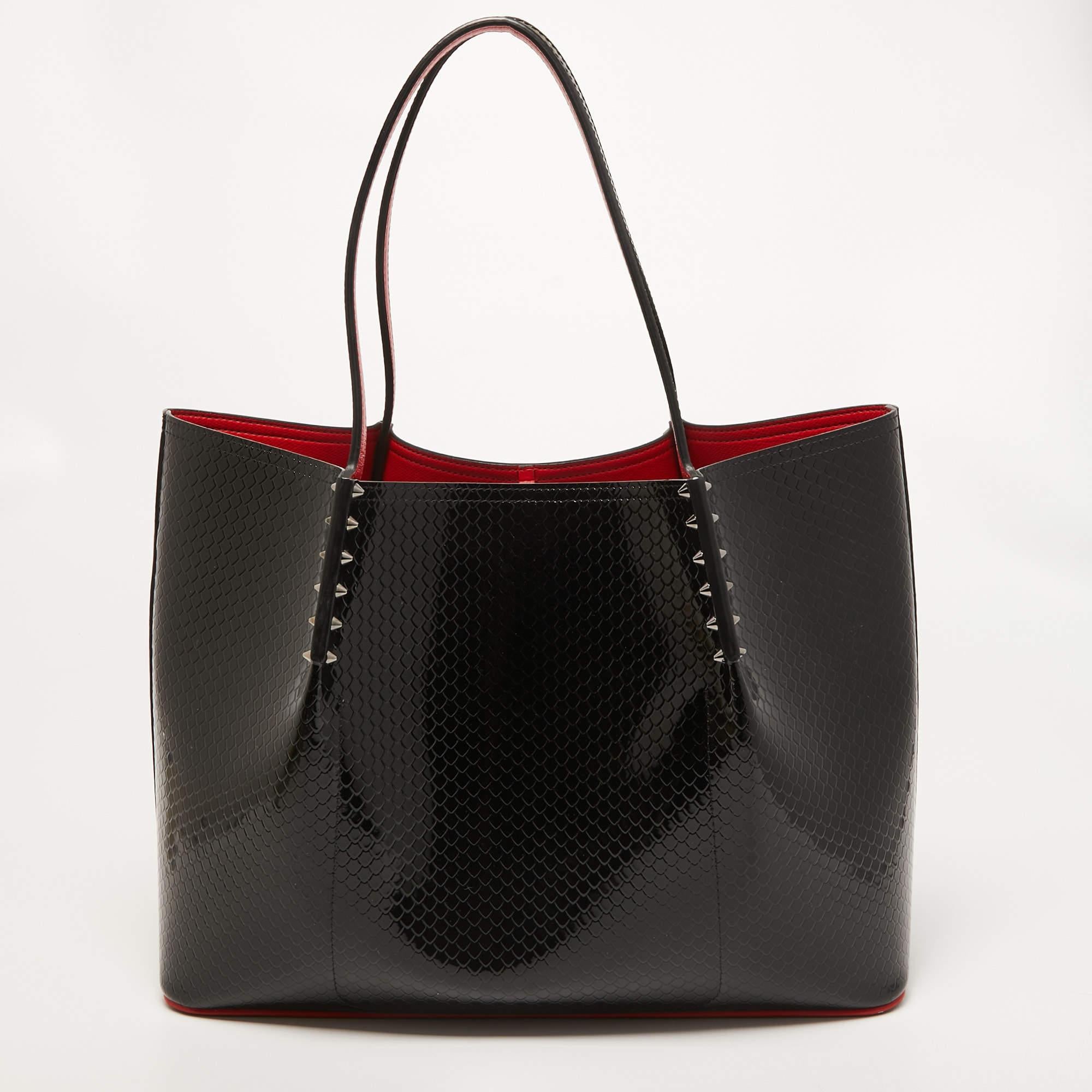 Christian Louboutin Black Embossed Patent Leather Large Cabarock Tote In Good Condition In Dubai, Al Qouz 2