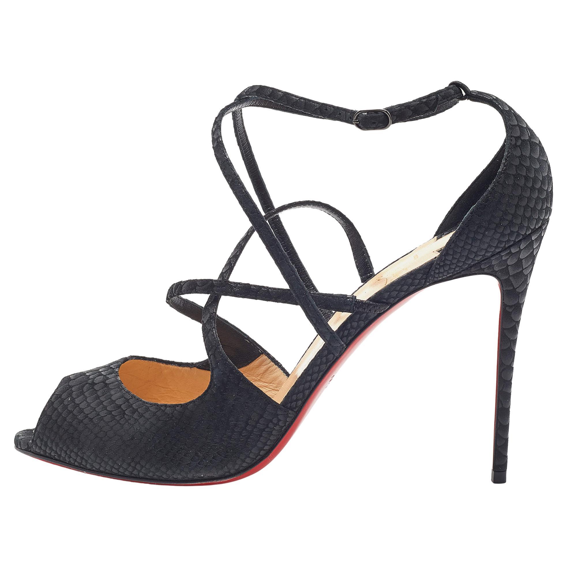 Christian Louboutin Black Embossed Snakeskin Leather Strappy Sandals Size 42