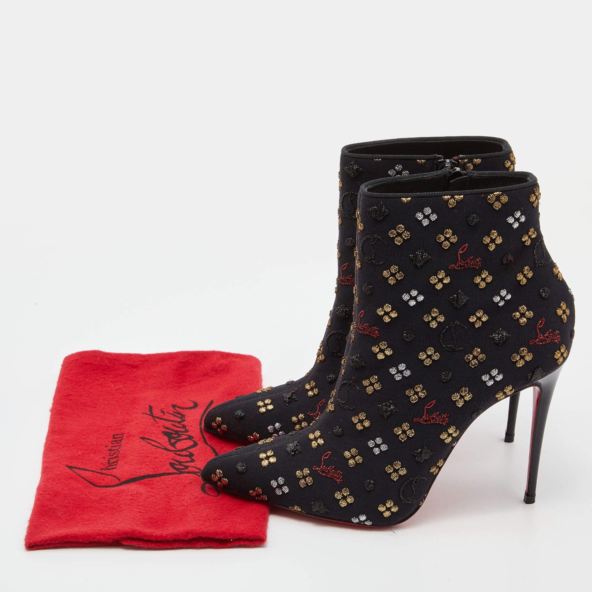 Christian Louboutin Black Embroidered Fabric So Kate Ankle Booties Size 37.5 For Sale 3