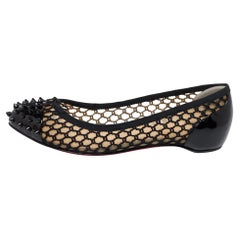 Christian Louboutin Black Embroidered Mesh Spiked Leather Ballet Flat Size 38