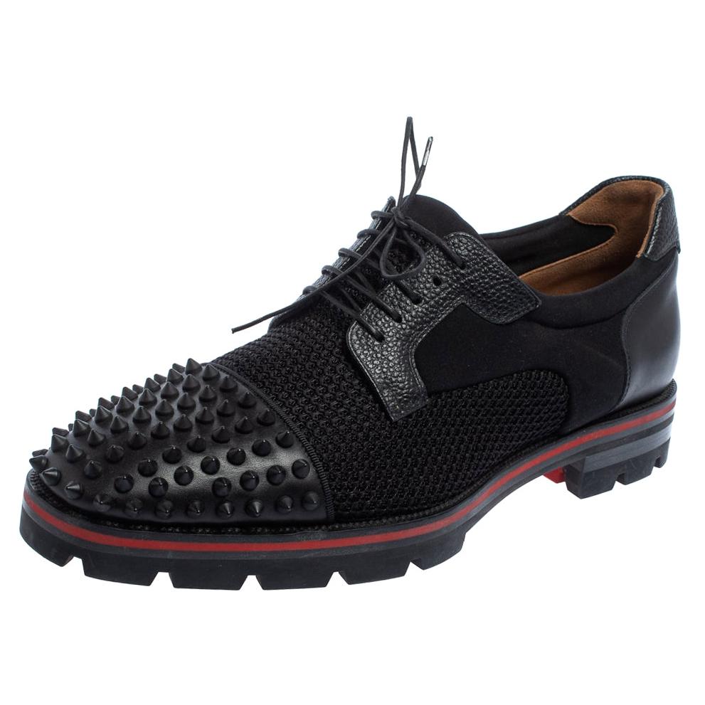 Christian Louboutin Black Fabric And Leather Luis Spikes Cap Toe Derby Size 42