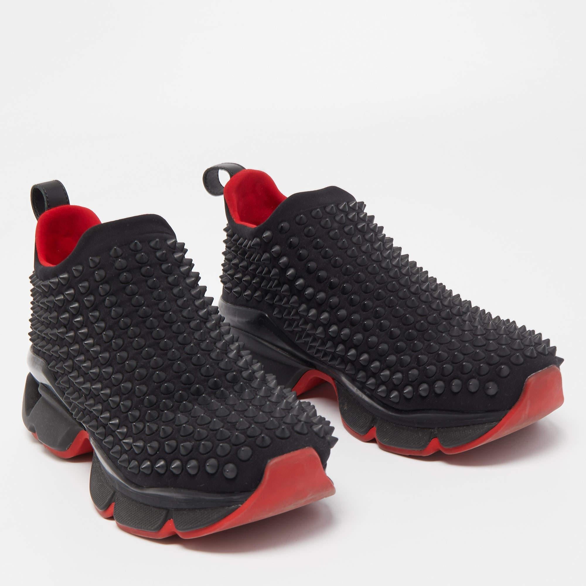 Christian Louboutin Black Fabric Spike Sock Sneakers Size 37 In Good Condition In Dubai, Al Qouz 2