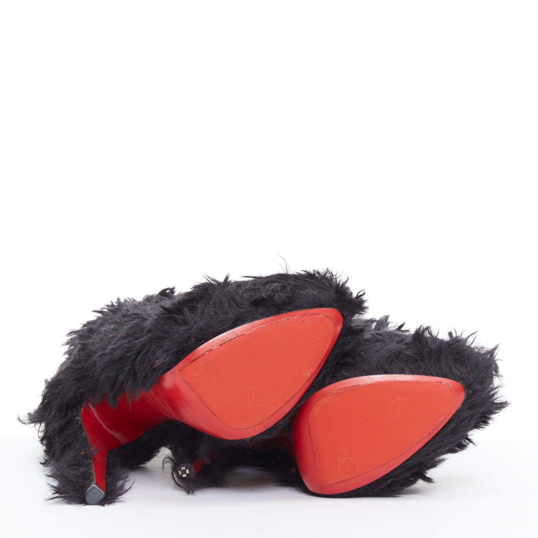 CHRISTIAN LOUBOUTIN black faux shaggy fur high heel platform boots EU36.5 For Sale 6
