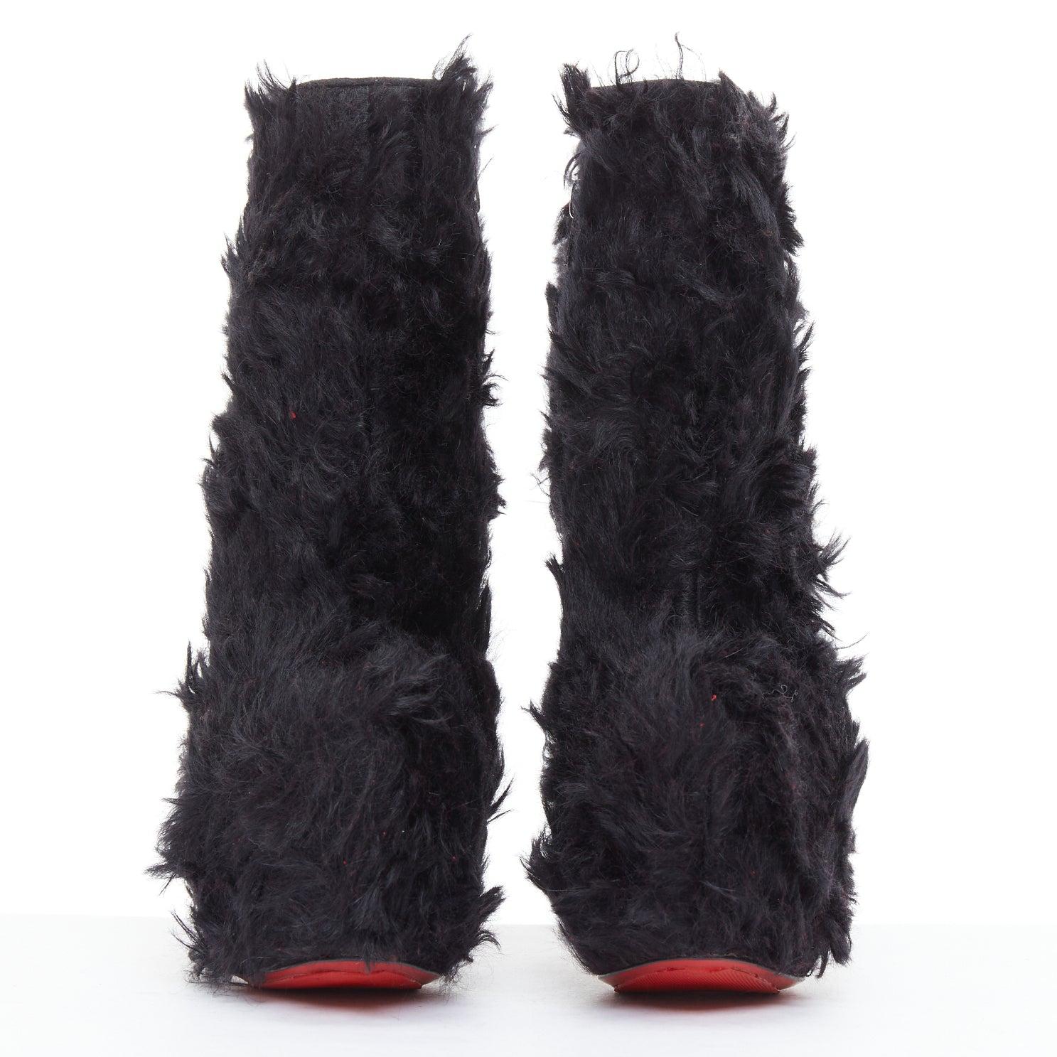 Black CHRISTIAN LOUBOUTIN black faux shaggy fur high heel platform boots EU36.5 For Sale