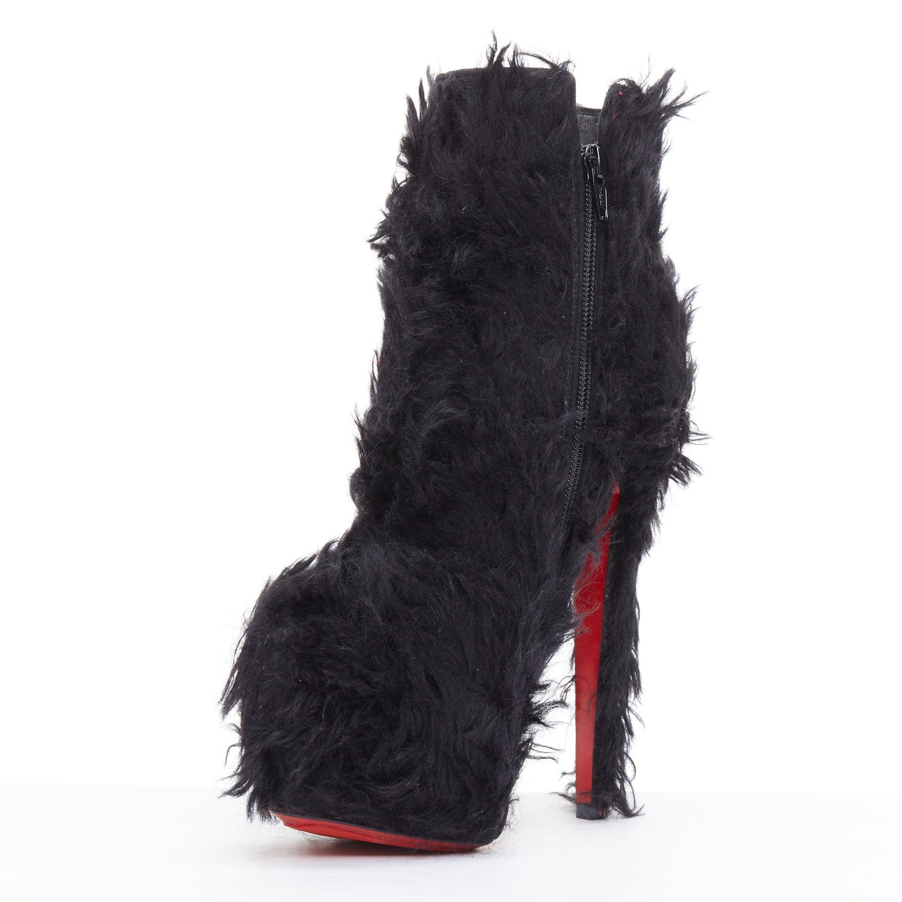 CHRISTIAN LOUBOUTIN black faux shaggy fur high heel platform boots EU36.5 In Good Condition For Sale In Hong Kong, NT