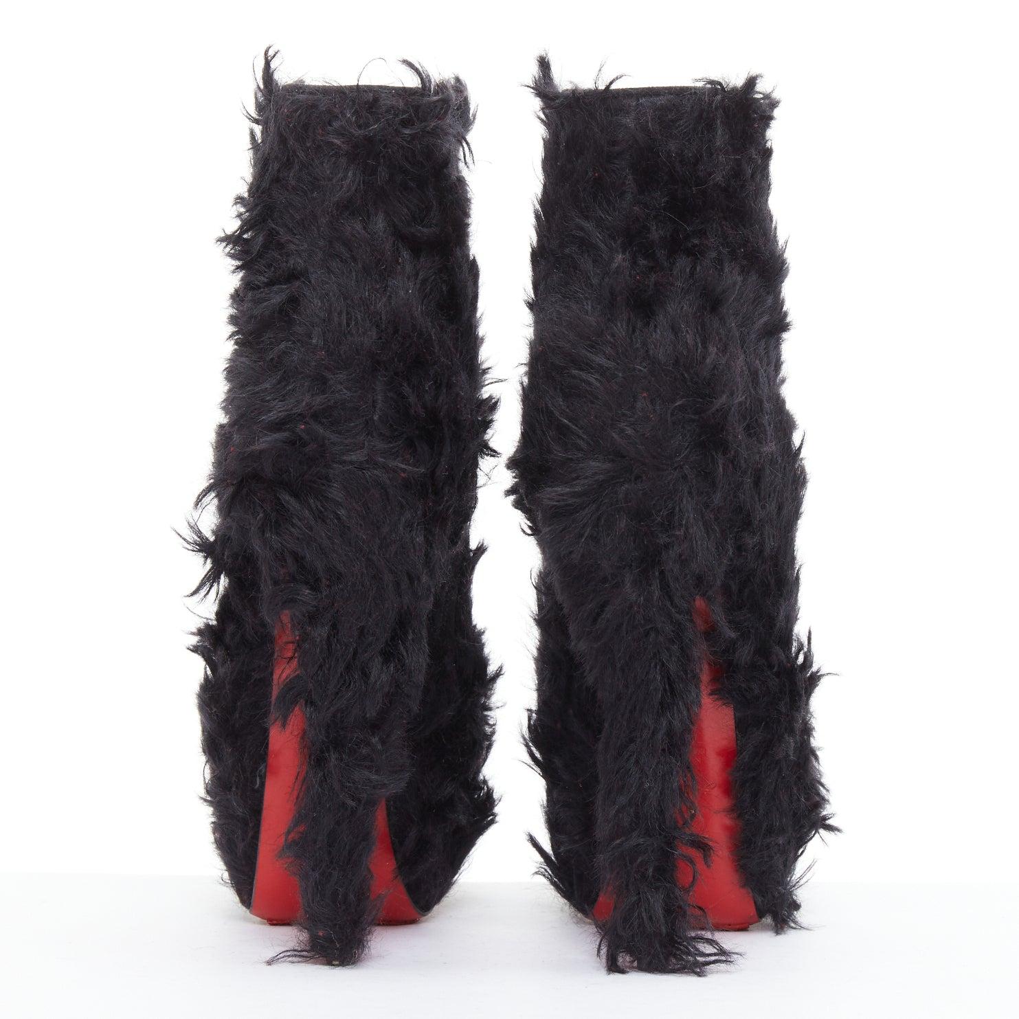 Women's CHRISTIAN LOUBOUTIN black faux shaggy fur high heel platform boots EU36.5 For Sale