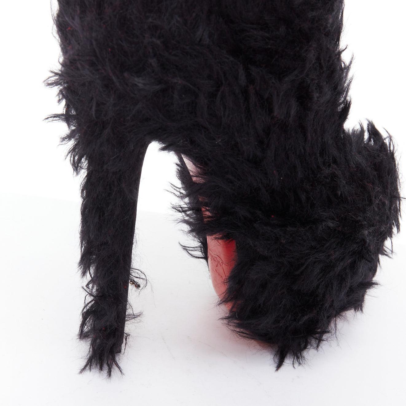 CHRISTIAN LOUBOUTIN black faux shaggy fur high heel platform boots EU36.5 For Sale 3