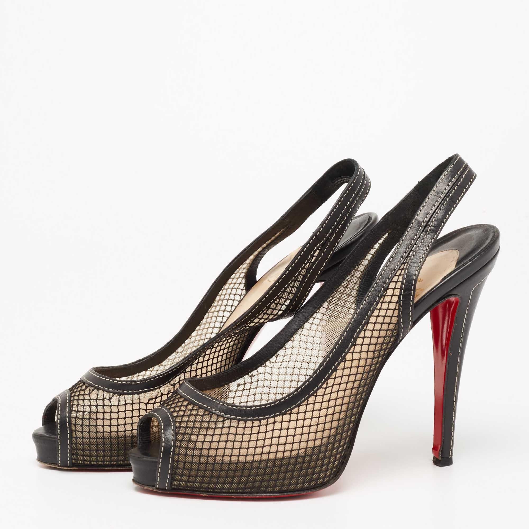 Escape the monotonous designs and move on to classy styles like these Canne A Peche pumps from Christian Louboutin. They are made from black fishnet and leather and are enhanced with peep toes, a slingback, and 12.5 cm heels. Feel bold and confident