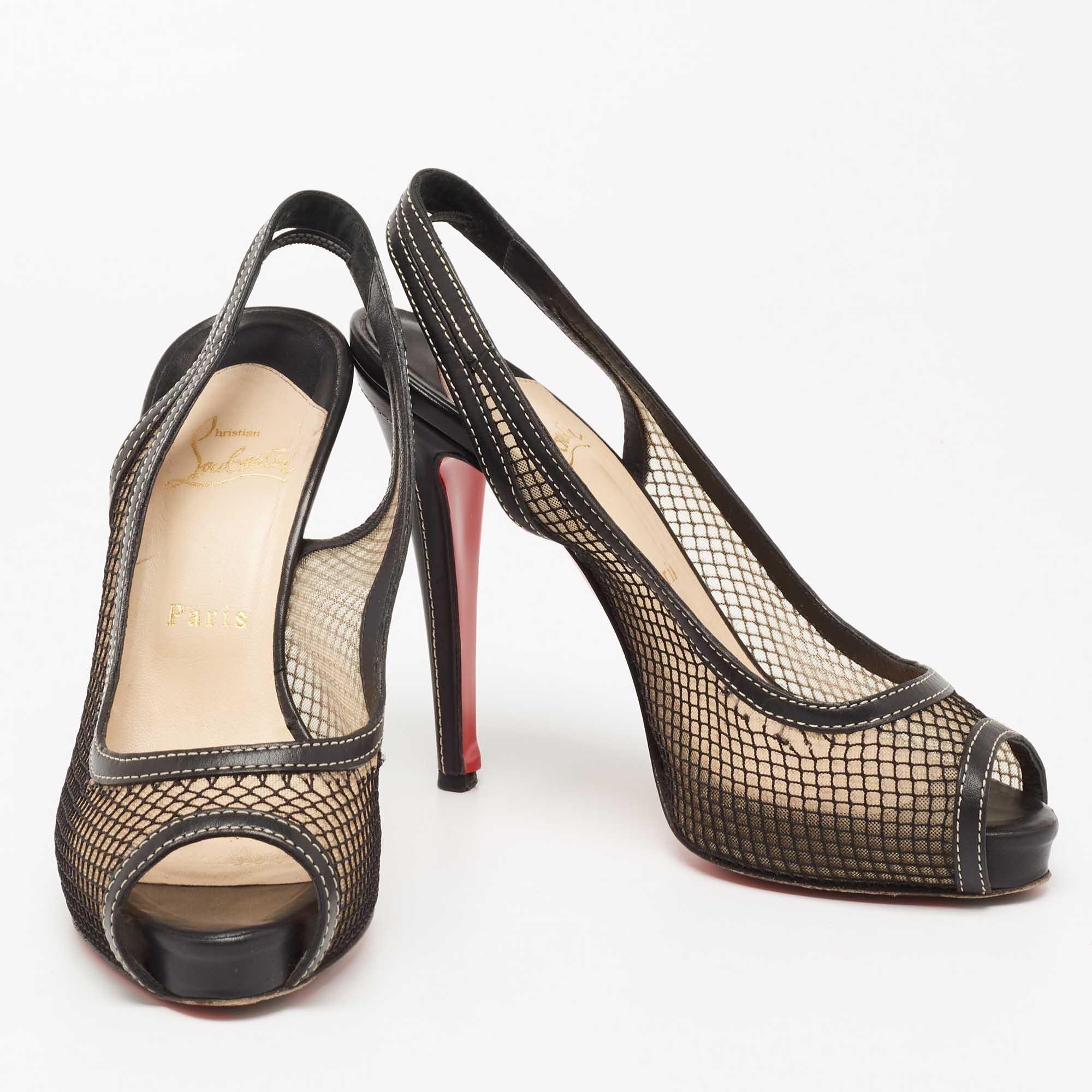 Christian Louboutin Black Fishnet and Leather Canne A Peche Slingback Peep-Toe P In Good Condition For Sale In Dubai, Al Qouz 2