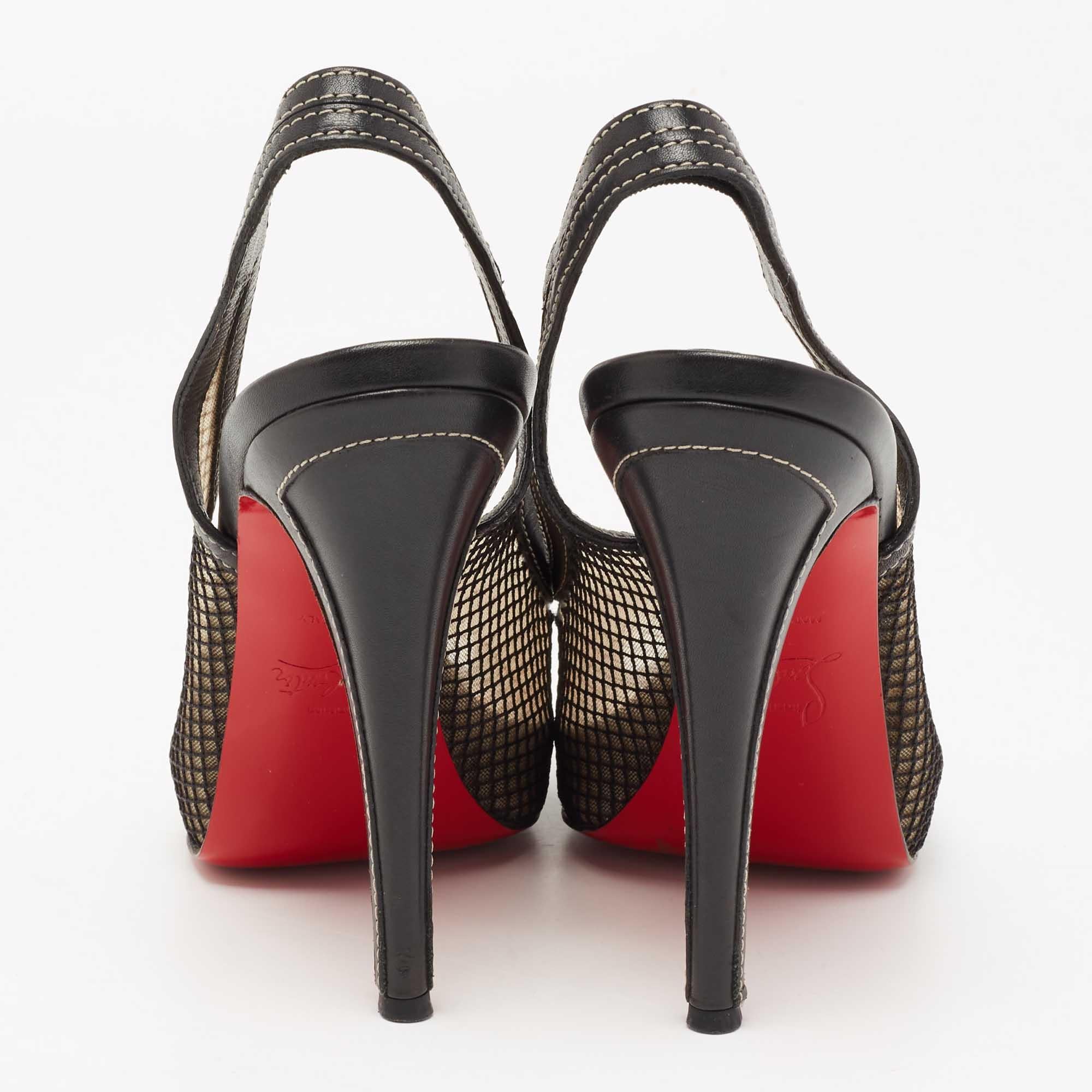 Christian Louboutin Black Fishnet and Leather Canne A Peche Slingback Peep-Toe P For Sale 1