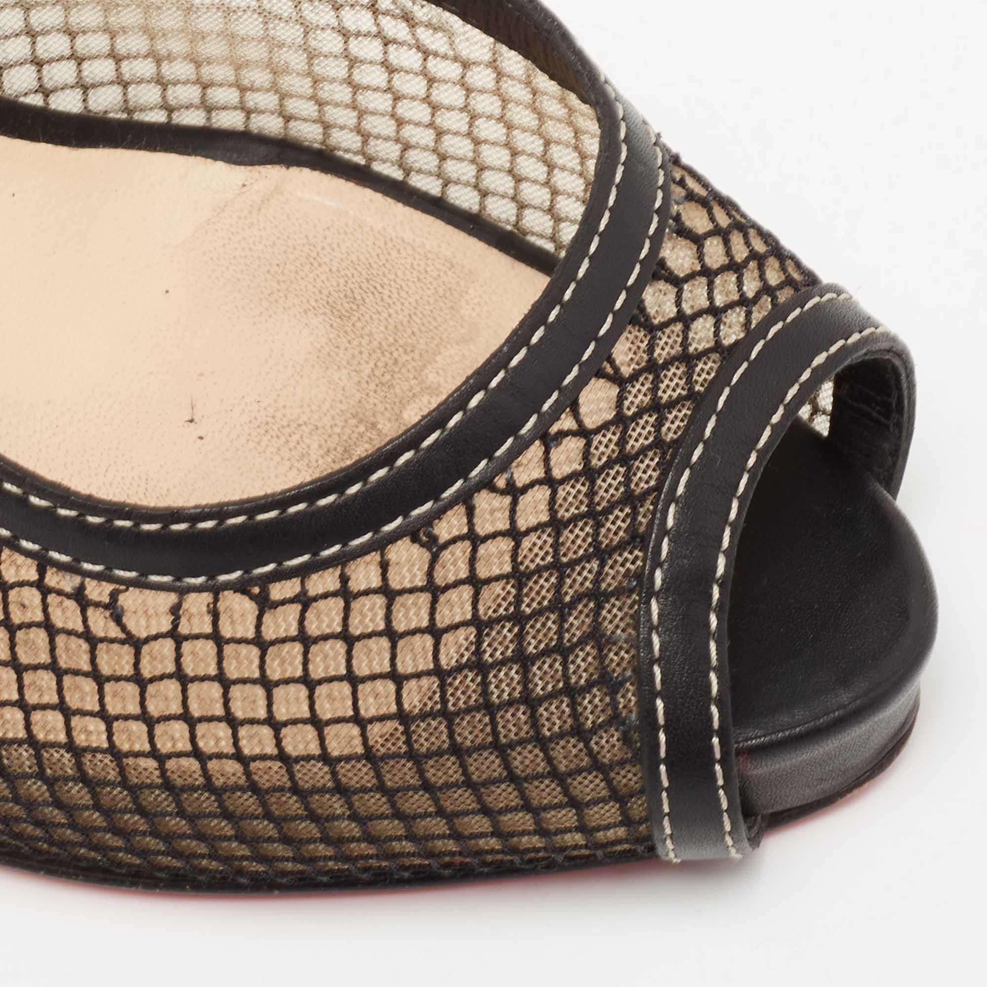 Christian Louboutin Black Fishnet and Leather Canne A Peche Slingback Peep-Toe P For Sale 3