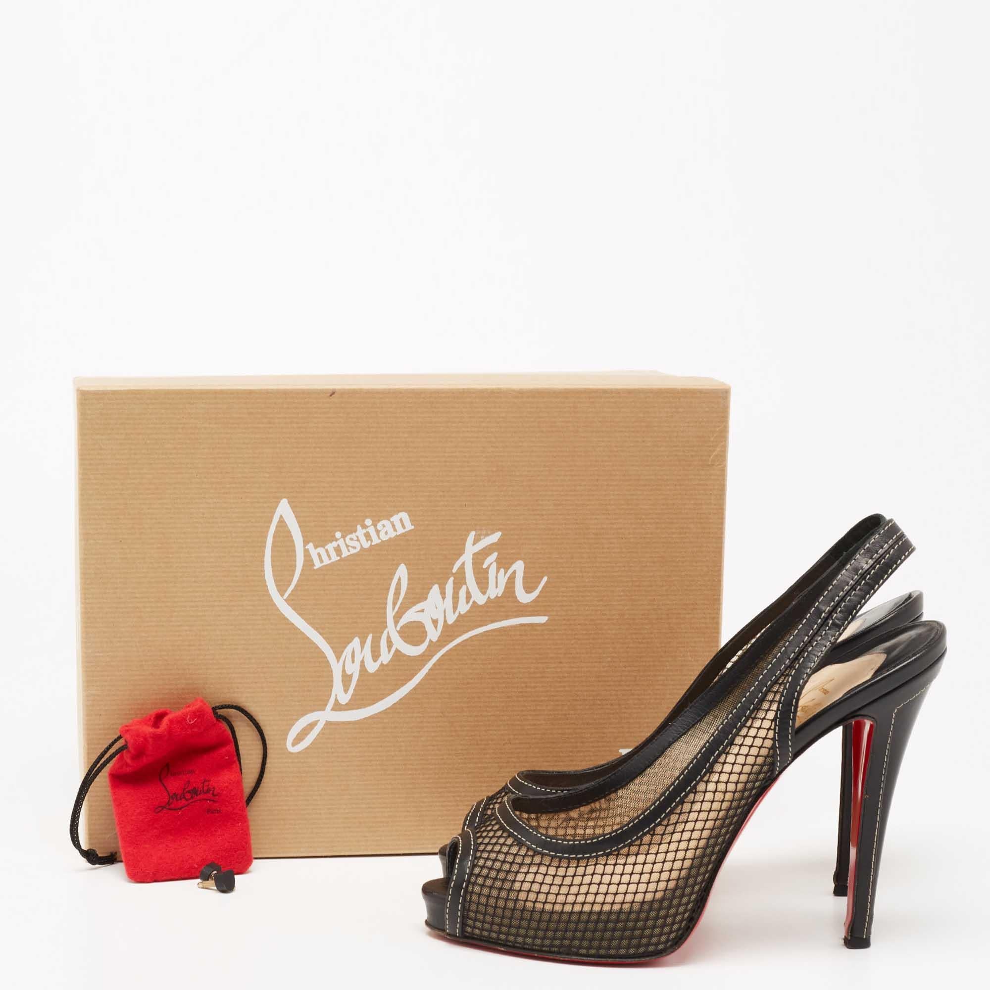 Christian Louboutin Black Fishnet and Leather Canne A Peche Slingback Peep-Toe P For Sale 5