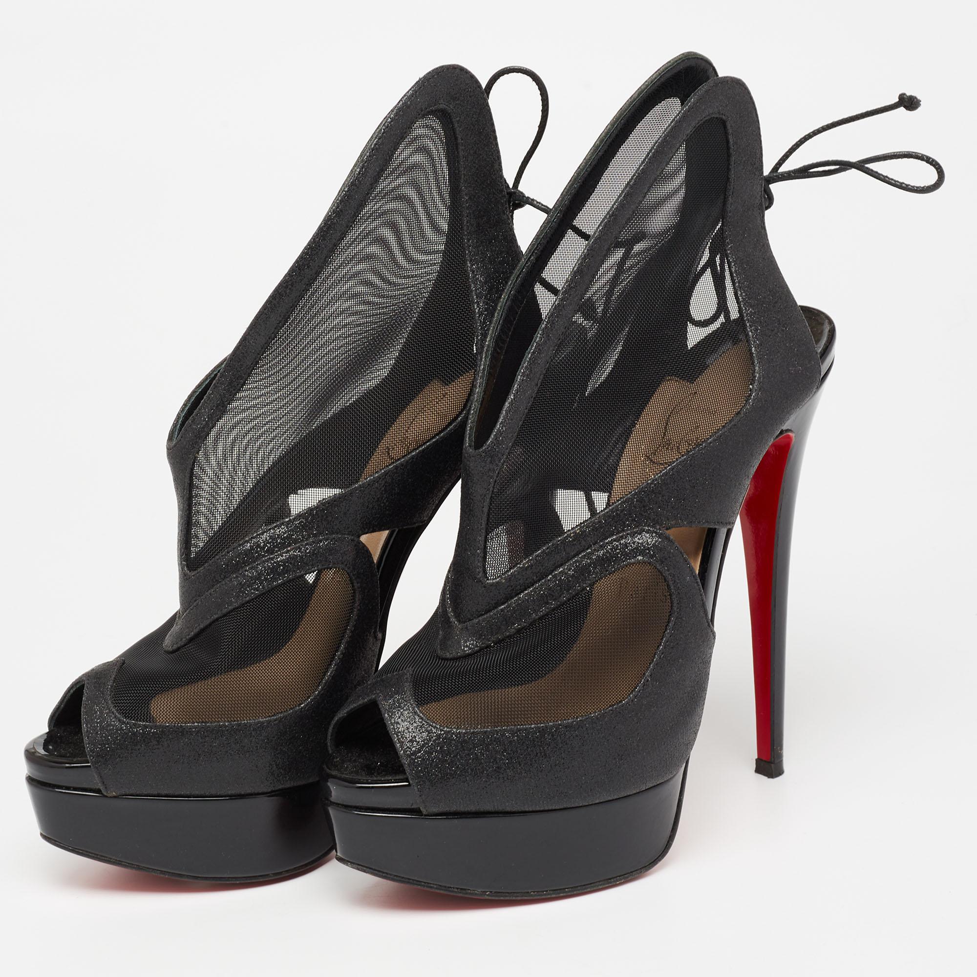 Women's Christian Louboutin Black Glitter and Mesh Farfamesh Ankle Booties Size 36 For Sale