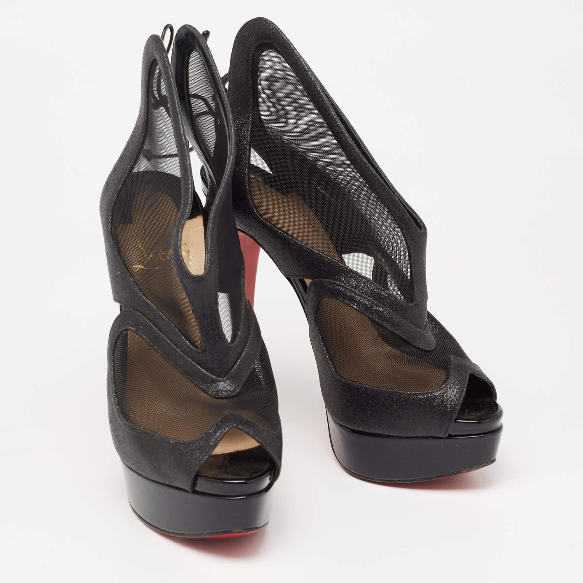 Christian Louboutin Black Glitter and Mesh Farfamesh Ankle Booties Size 36 For Sale 2