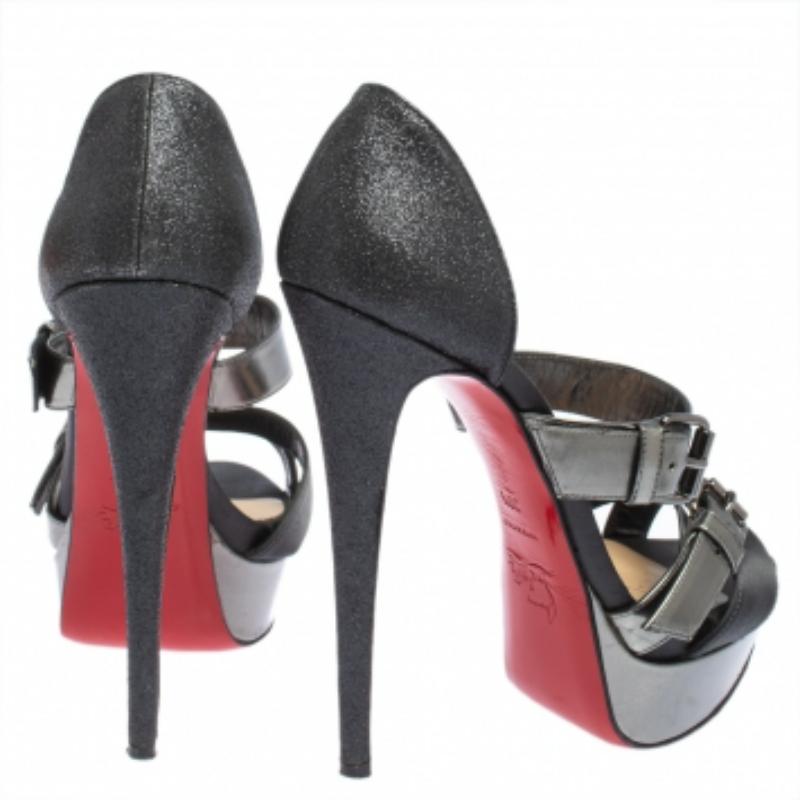 Women's Christian Louboutin Black Glitter and Satin Ambertina Platform Sandals Size 39.5 For Sale