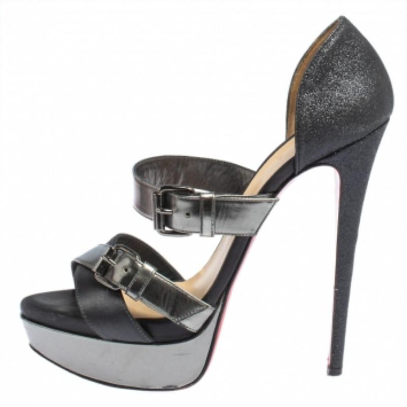 Christian Louboutin Black Glitter and Satin Ambertina Platform Sandals Size 39.5 For Sale