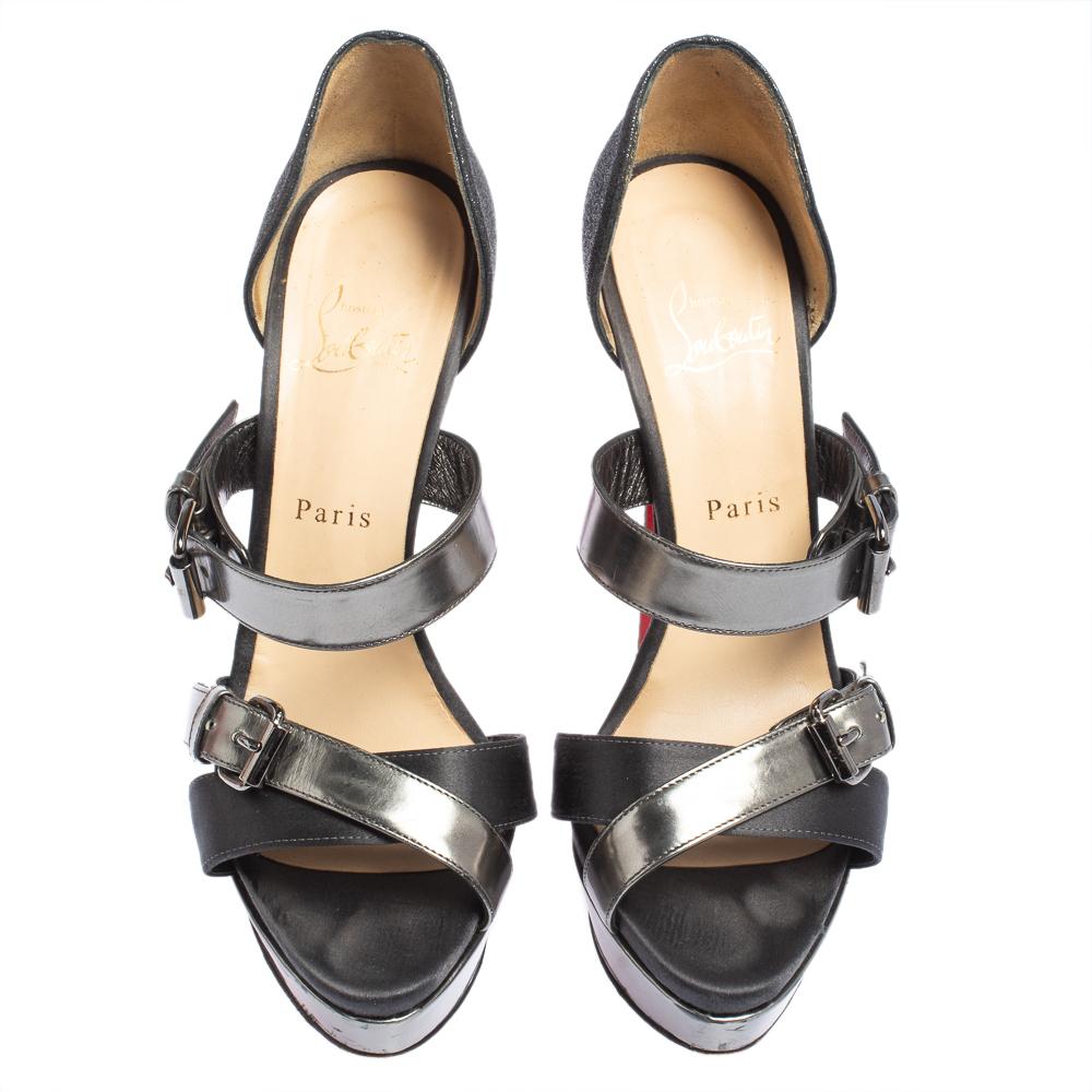 Christian Louboutin Black Glitter And Satin Double Platform Sandals Size 39.5 In Good Condition For Sale In Dubai, Al Qouz 2
