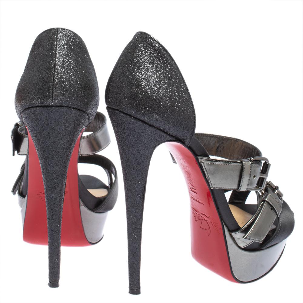 Women's Christian Louboutin Black Glitter And Satin Double Platform Sandals Size 39.5 For Sale