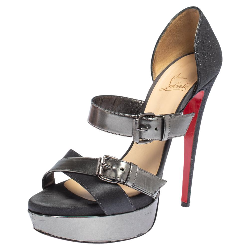 Christian Louboutin Black Glitter And Satin Double Platform Sandals Size 39.5 For Sale