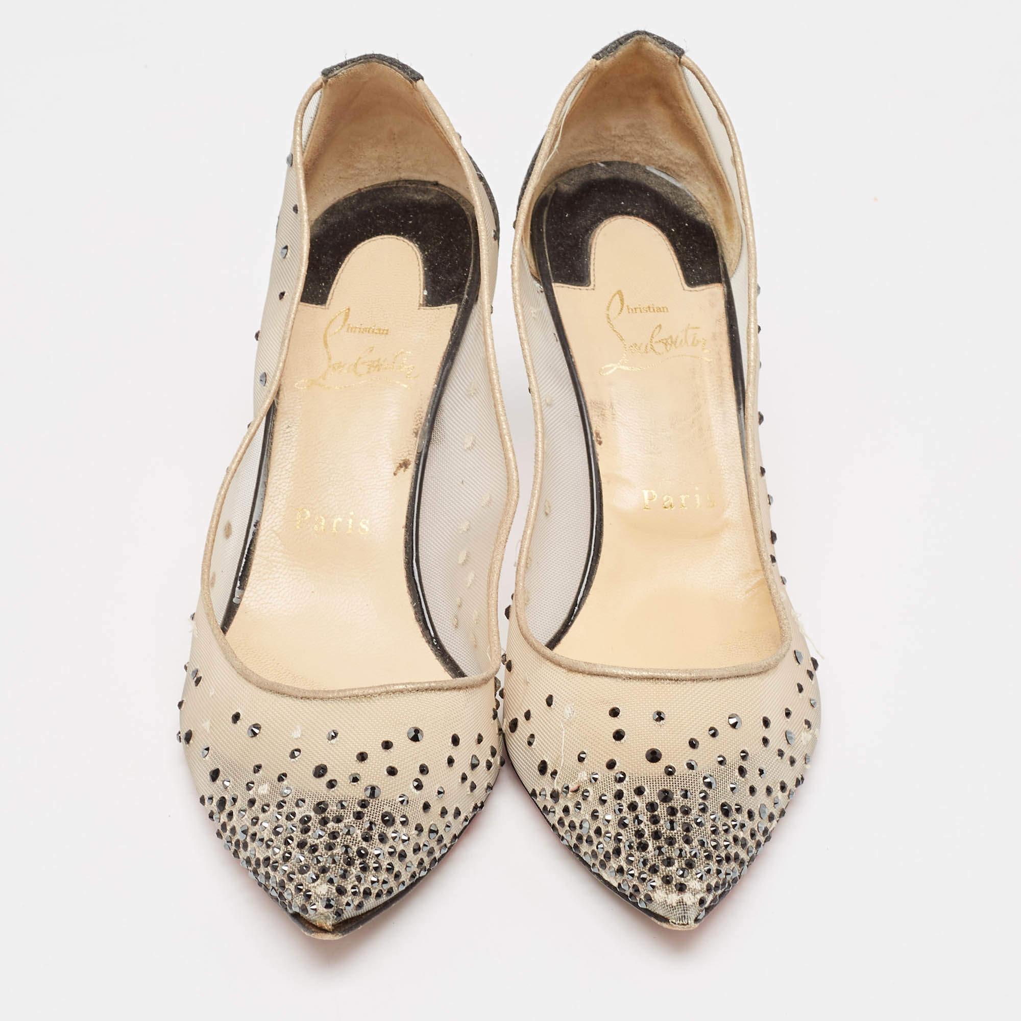 Beige Christian Louboutin Black Glitter Fabric and Mesh Follies Strass Pumps Size 38.5 For Sale
