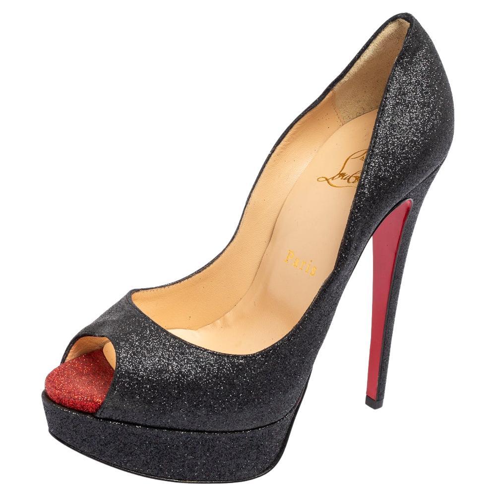 Christian Louboutin Black Glitter Fabric Lady Peep Platform Pumps Size 37