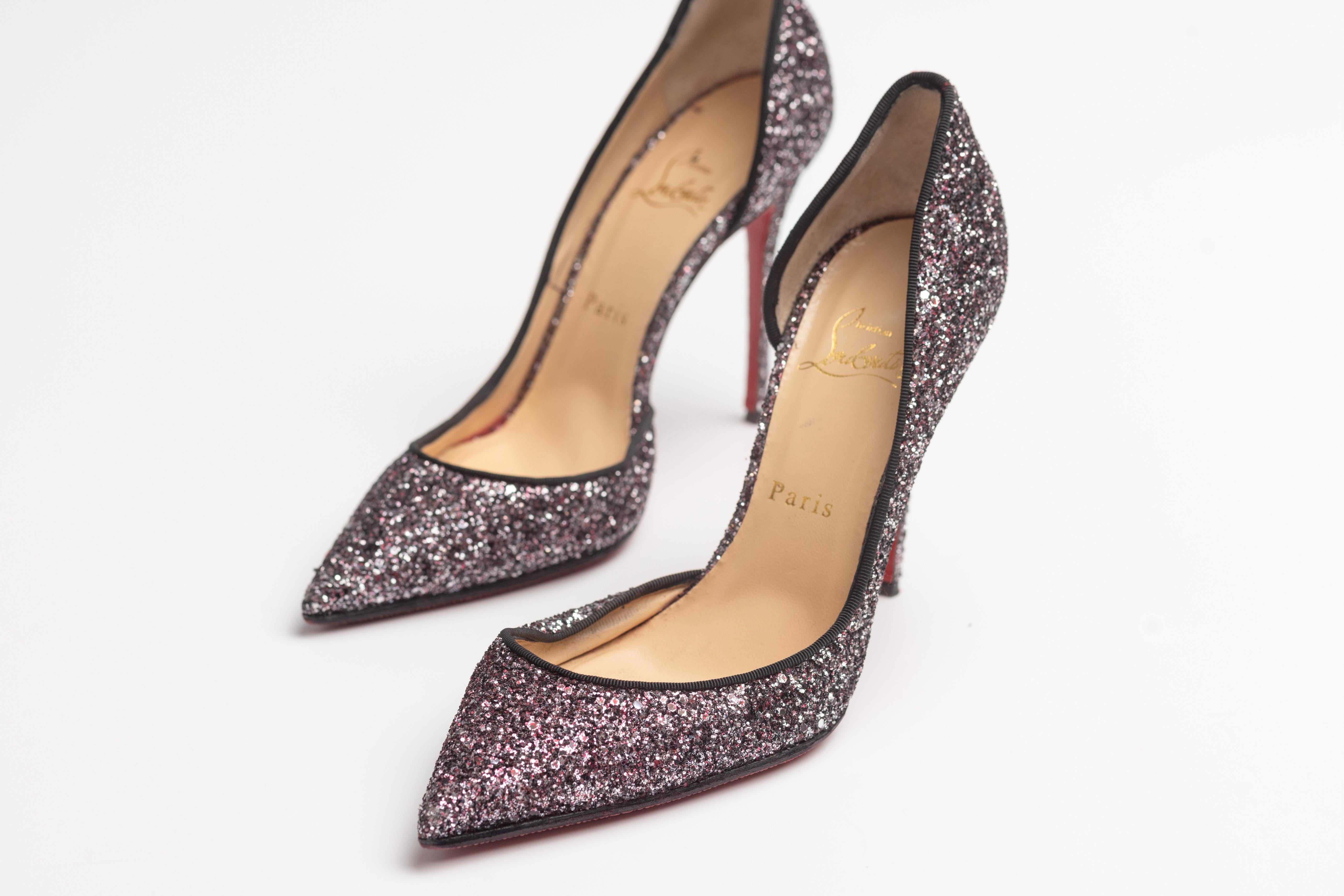 Women's Christian Louboutin Black Glitter Iriza Heels (EU 39) For Sale