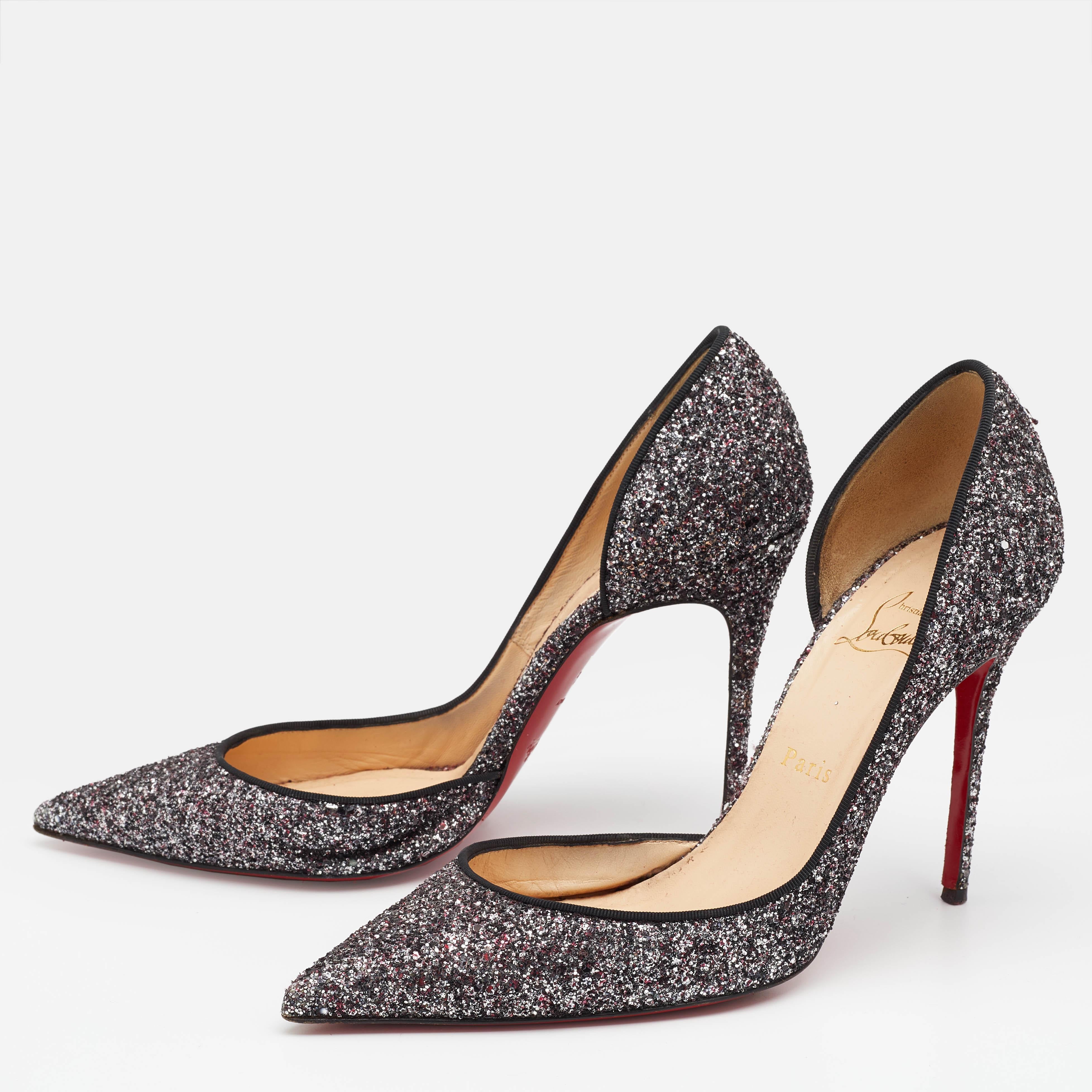 Women's Christian Louboutin Black Glitter Iriza Pointed Toe D'orsay Pumps Size 39.5 For Sale
