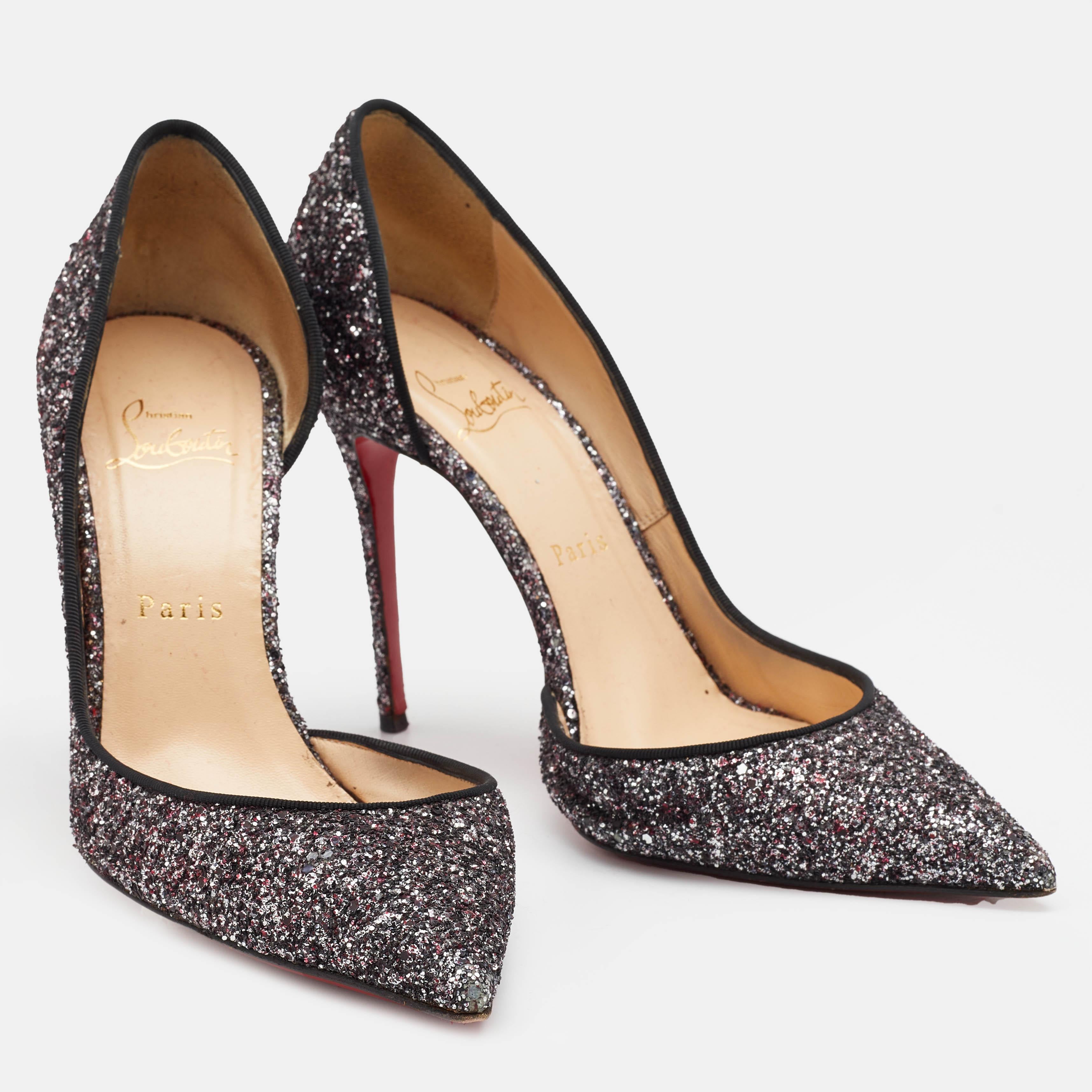 Christian Louboutin Black Glitter Iriza Pointed Toe D'orsay Pumps Size 39.5 For Sale 1