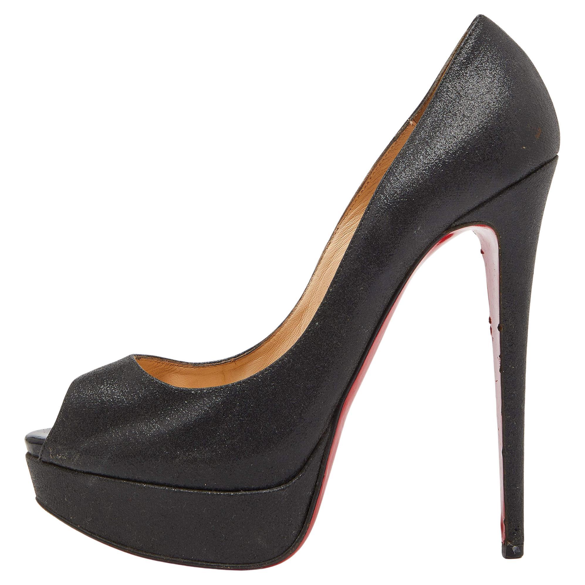 Christian Louboutin Black Glitter Lady Peep Pumps Size 40 For Sale