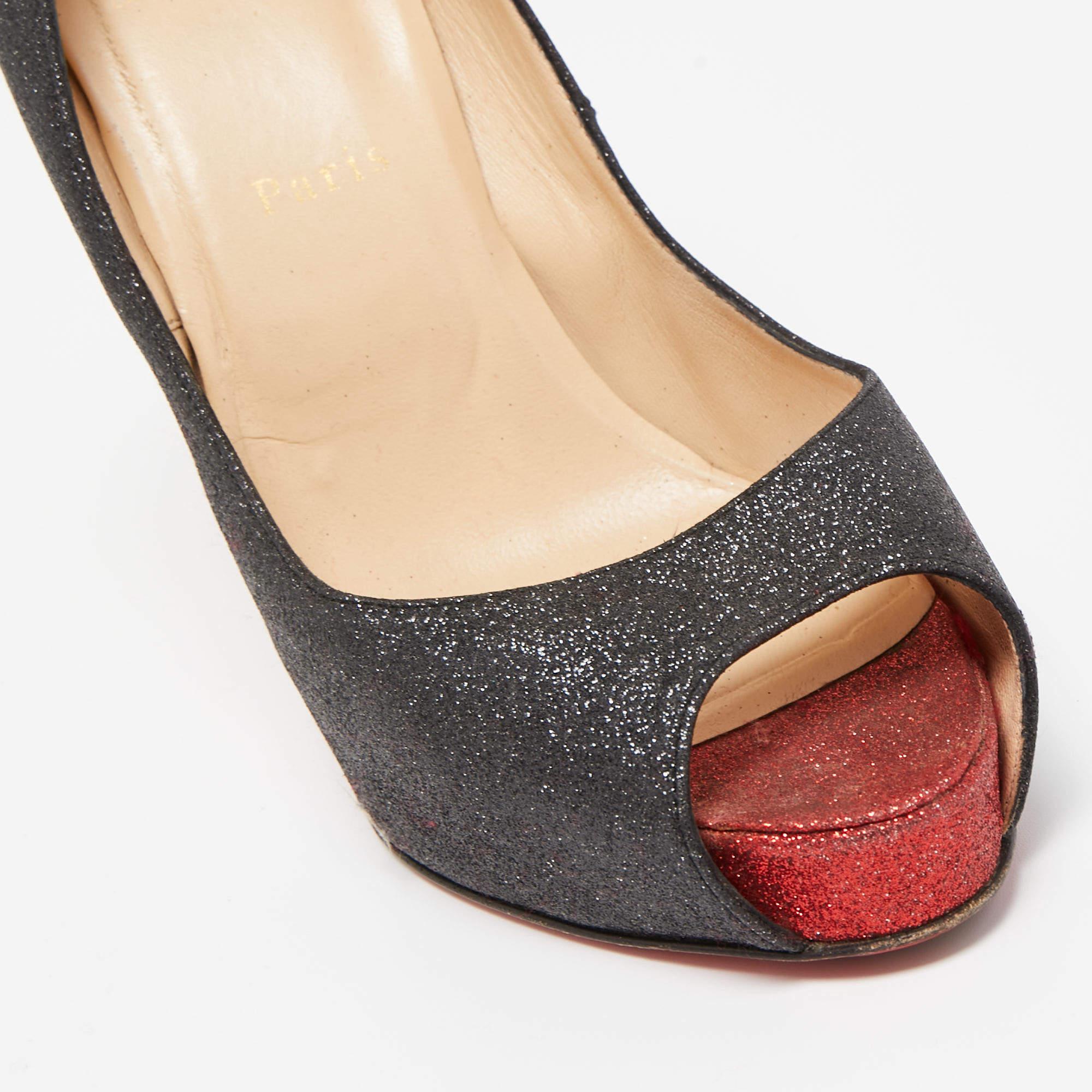 Christian Louboutin Black Glitter Open Toe Very Prive Pumps Size 39.5 For Sale 2
