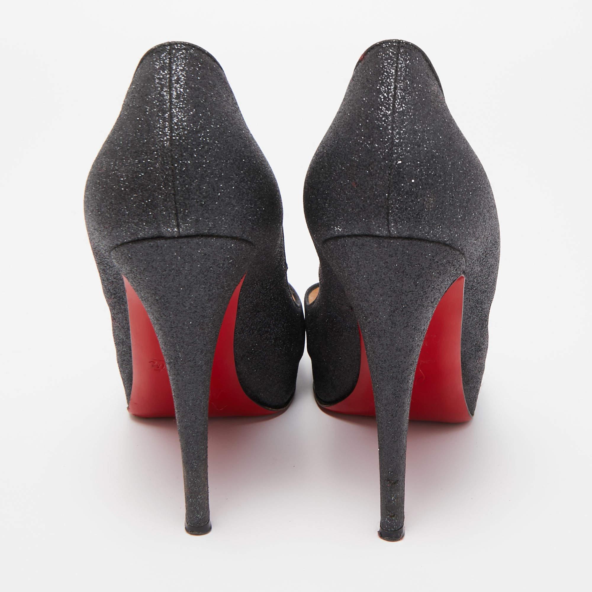 Christian Louboutin Black Glitter Open Toe Very Prive Pumps Size 39.5 For Sale 3