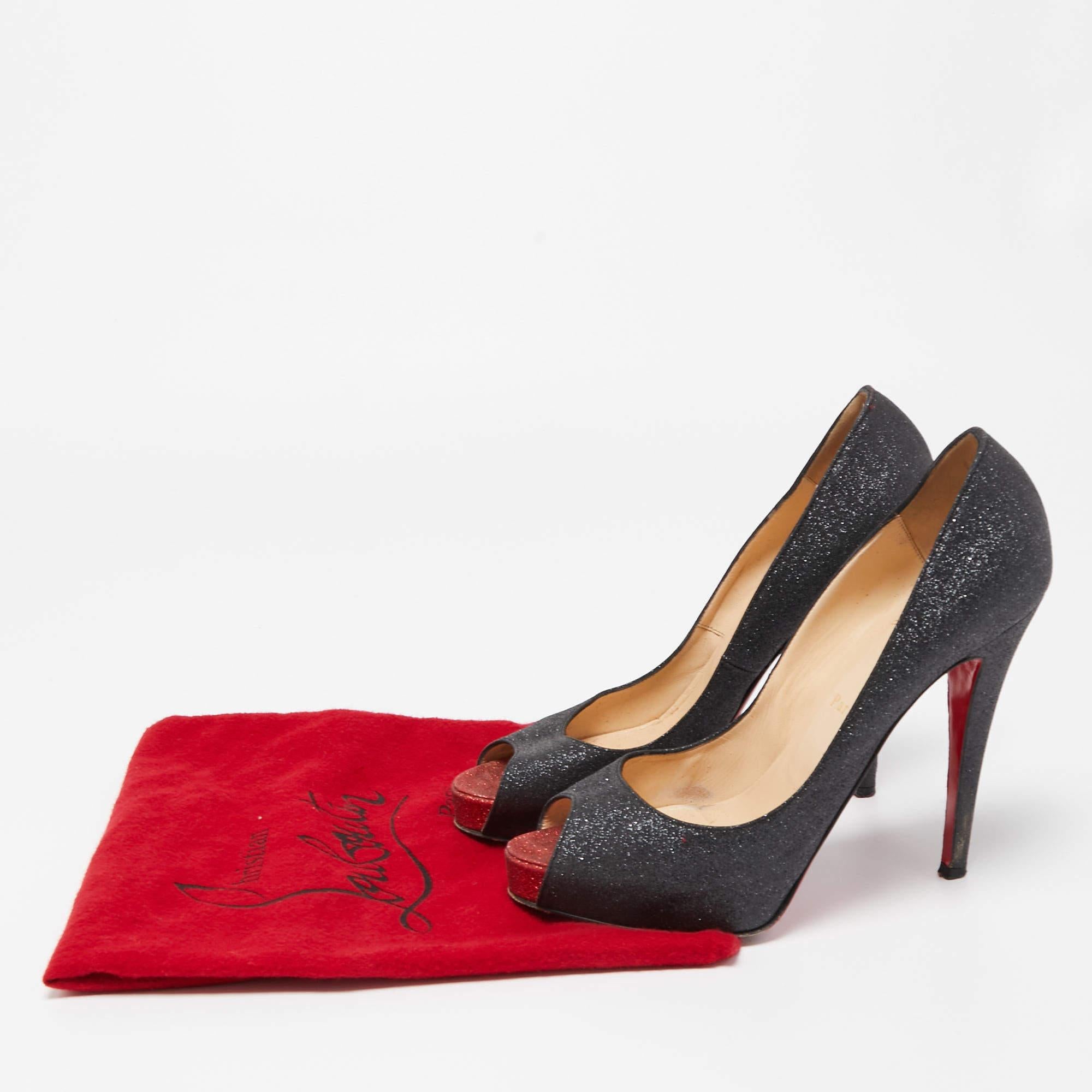 Christian Louboutin Black Glitter Open Toe Very Prive Pumps Size 39.5 For Sale 5