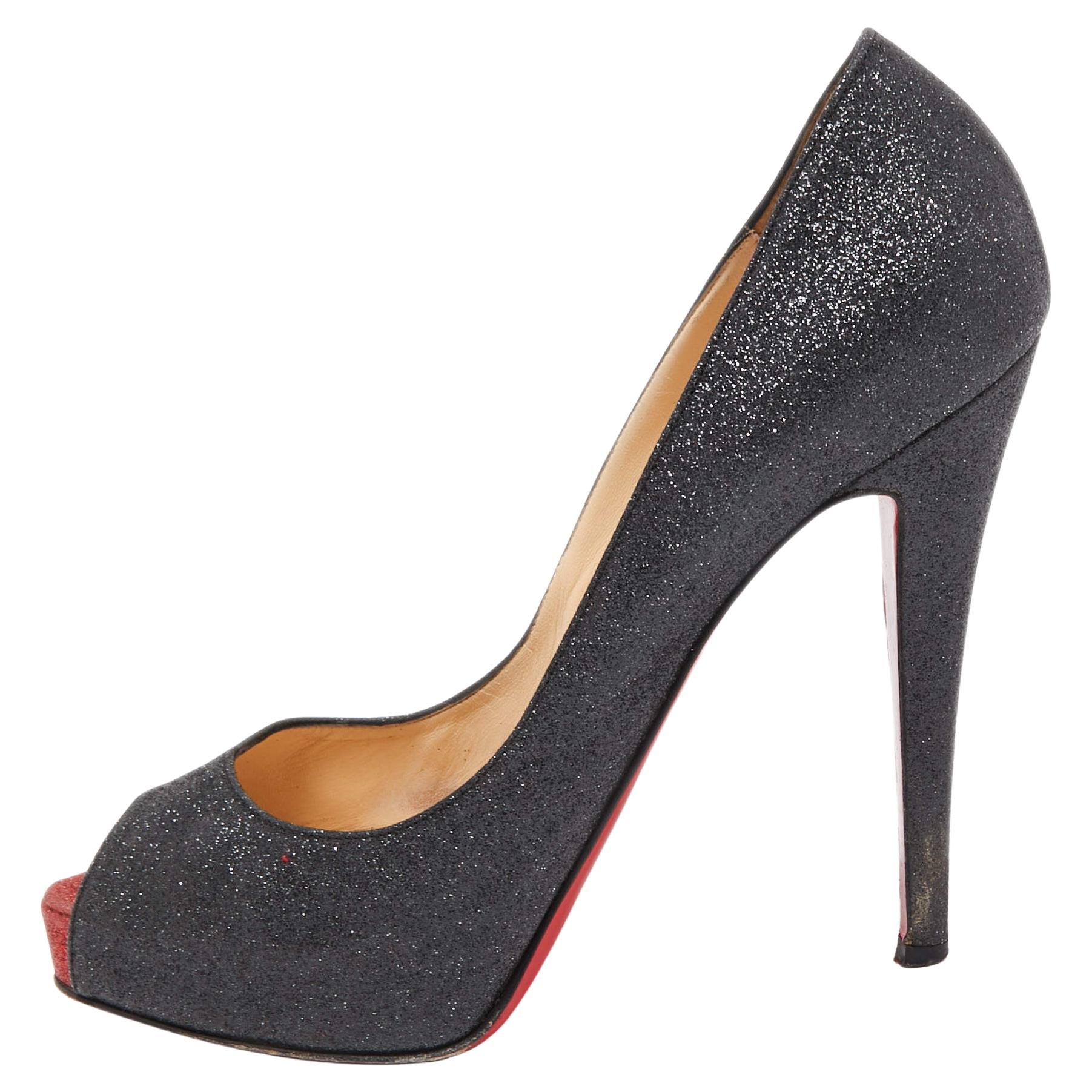 Christian Louboutin Black Glitter Open Toe Very Prive Pumps Size 39.5 For Sale