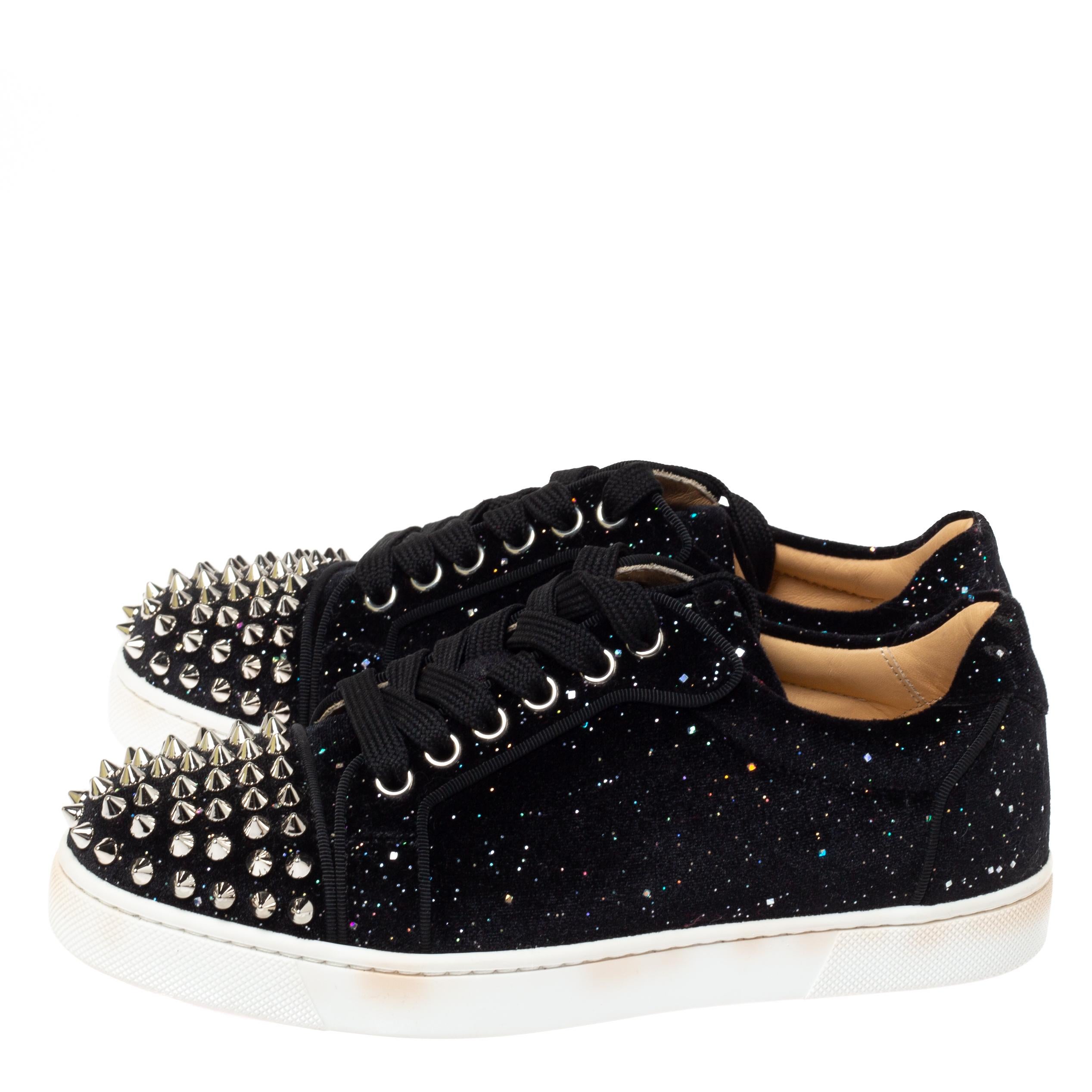 Christian Louboutin Black Glitter Suede Louis Junior Spikes Low Top Size 35 2
