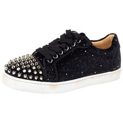 Christian Louboutin Black Glitter Suede Louis Junior Spikes Low Top Size 35