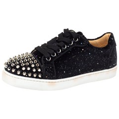 Christian Louboutin Schwarz Glitter Wildleder Louis Junior Spikes Low Top Größe 35