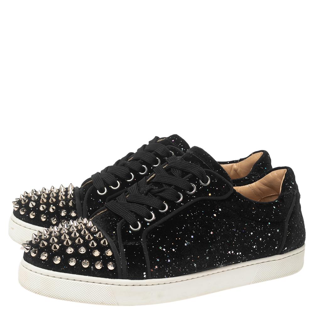 Christian Louboutin Black Glitter Velvet Louis Junior Spikes Sneakers Size 38 1