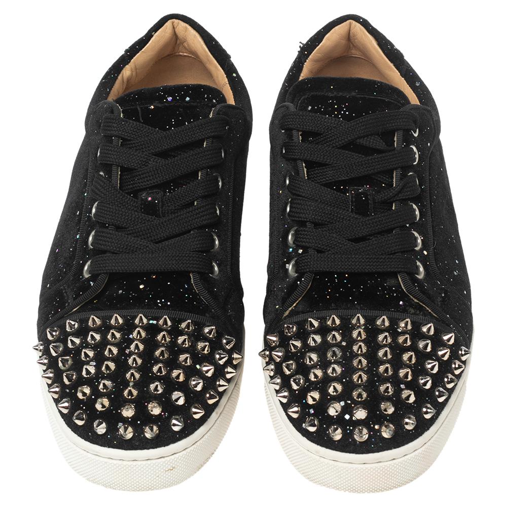 Christian Louboutin Black Glitter Velvet Louis Junior Spikes Sneakers Size 38 2