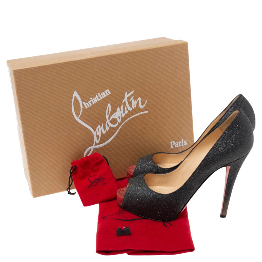 This pair of Christian Louboutin pumps is a timeless classic. The black glitter pumps are sure to make you feel like a dazzling diva every time you wear them. The shimmering pair is finished with peep-toes, leather insoles, and towering 11.5 cm