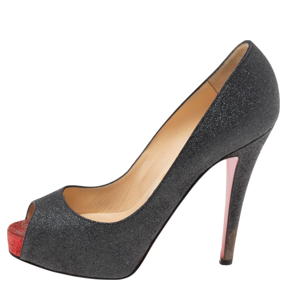 Women's Christian Louboutin Black Glitter Very Prive Pumps Size 36 For Sale